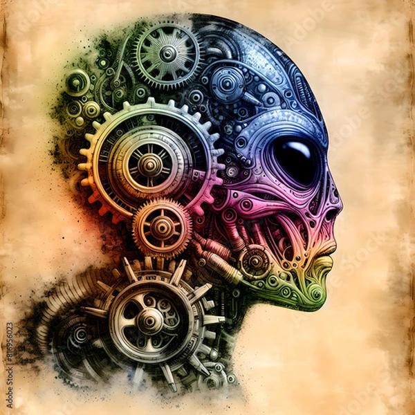 Fototapeta BioMechanical Technical Drawing of steampunk alien