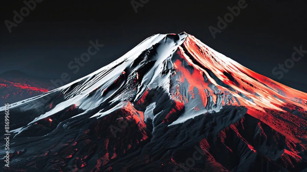 Fototapeta Very modern nature background, wallpaper, backdrop, texture of Mount Fuji in Japan, isolated. LIDAR model, map, scan, 3D design, red and white render