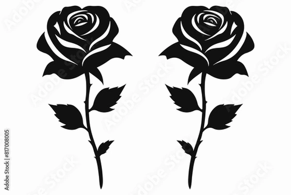 Fototapeta Vector set of decorative rose with leaves. Flower silhoutte isolated on a white background.