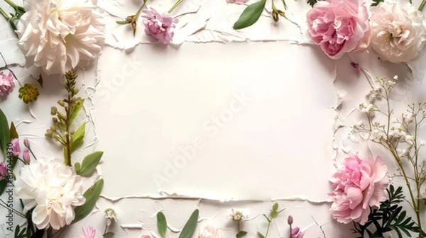 Fototapeta Delicate flower border invitation card mockup design. Blank copy space.