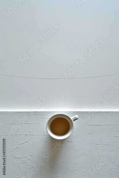 Fototapeta An image of a white cup of coffee on a white table with a white background.