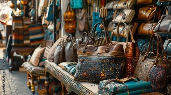 Fototapeta Various handbags of different colors and styles are arranged neatly on display at a market stall.