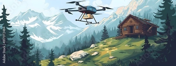 Fototapeta Winter Delivery Drone Transporting Package to Remote Mountain Cabin