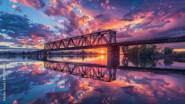 Fototapeta Dramatic sunset over a steel truss bridge spanning a wide river, with colorful clouds reflected in the water.