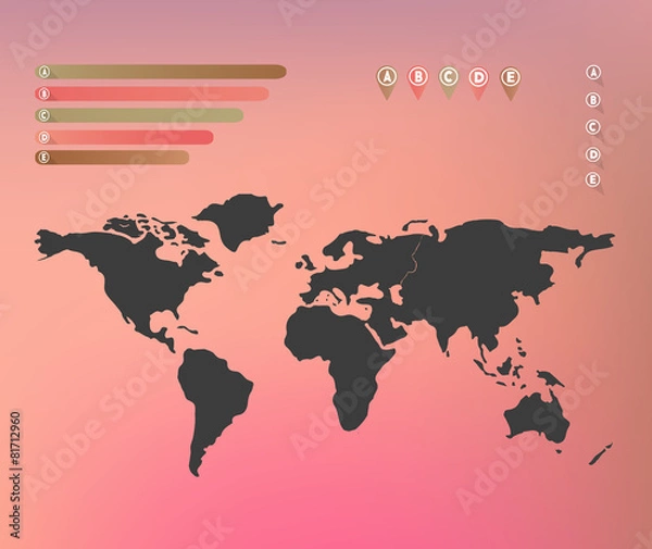 Fototapeta World map on blurred background with infographic labels, pins