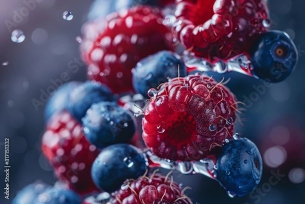 Fototapeta A creative close-up view of a DNA double helix made out of raspberries and blueberries, symbolizing the genetic code of life.