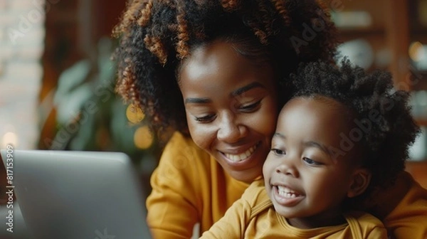 Obraz A mother working from home on her laptop, smiling as her loving son gives her a kiss on the cheek 8K , high-resolution, ultra HD,up32K HD