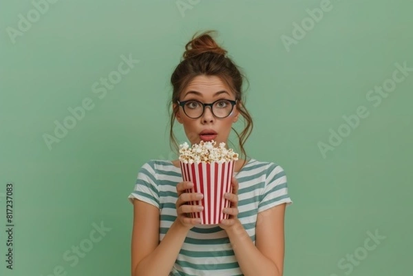 Fototapeta Beautiful woman in cinema holding popcorn, looking and smile at camera