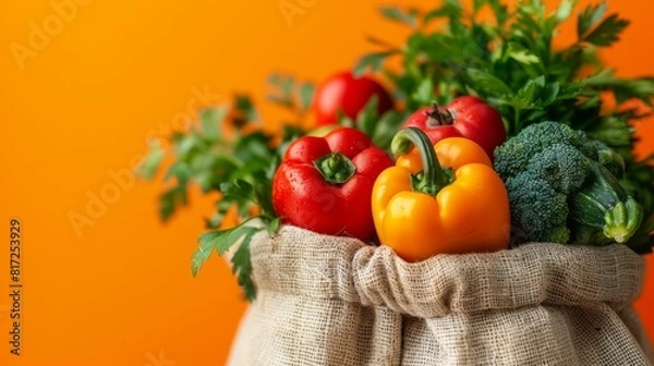 Obraz A canvas shopping bag filled with fresh vegetables and legumes, including broccoli, peppers, lettuce and carrots, on an orange background. Perfect for healthy eating and sustainability topics. Summer.