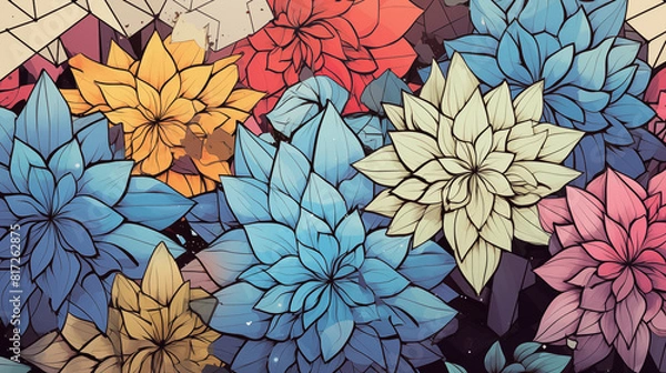 Fototapeta Abstract Image, Geometric Flowers, Floral, Pattern Style, For Background, Wallpaper, Desktop Background, Smartphone Cell Phone Case, Computer Screen, Cell Phone Screen, Smartphone Screen, 16:9 Format 