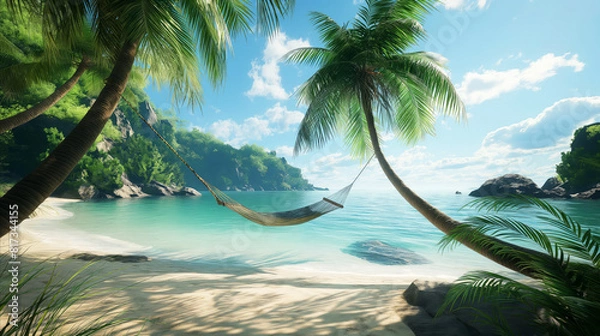 Fototapeta Hammock strung between two palms invites relaxation, offering perfect vantage point to soak in breathtaking surroundings. Serene and picturesque tropical beach scene ideal for travel and tourism