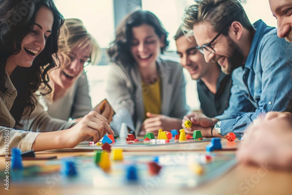 Fototapeta Companions gathered around a tabletop game, strategizing and joking as they engage in friendly competition. Concept of amusement and togetherness. Generative Ai.