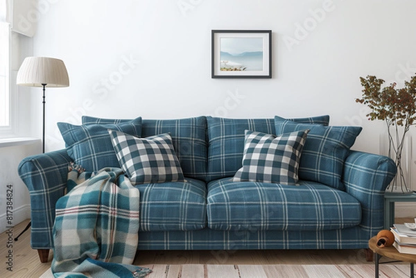 Fototapeta Interior poster mock-up with fabric sofa plaid and pillows on white wall background. 3D rendering.