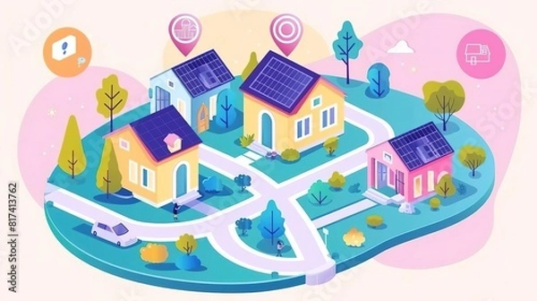 Fototapeta Create a colorful isometric illustration of a neighborhood with houses, yards, trees, and solar panels on the roofs. The illustration should be viewed from a top-down perspective.