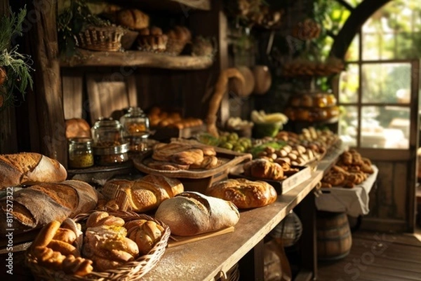 Fototapeta A  bakery with fresh, delicious goods in the countryside, a Blurred bakery shop in a wholesale store with fresh baked bread on wooden shelf, AI generated