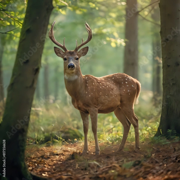 Fototapeta a deer that is standing in the woods with its antlers