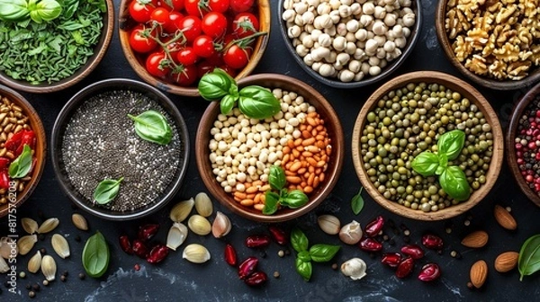 Fototapeta Different varieties of legumes are displayed in bowls on a dark surface, showcasing their shapes, sizes, and colors