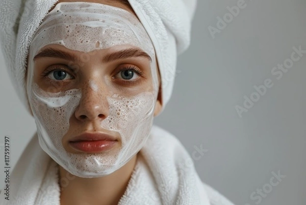 Obraz  A woman wears a white towel on her head and a white face mask