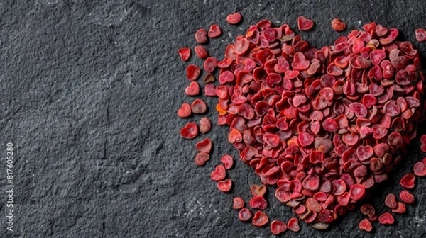 Fototapeta  A heart-shaped configuration of red hearts against a black stone backdrop, with a few red hearts strewn nearby