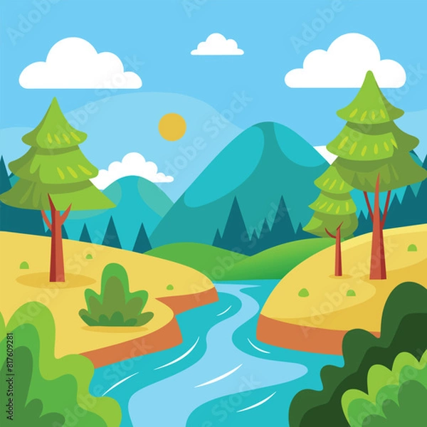 Fototapeta Cartoon landscape with river bay, water surface and river banks with trees. Cozy place background vector