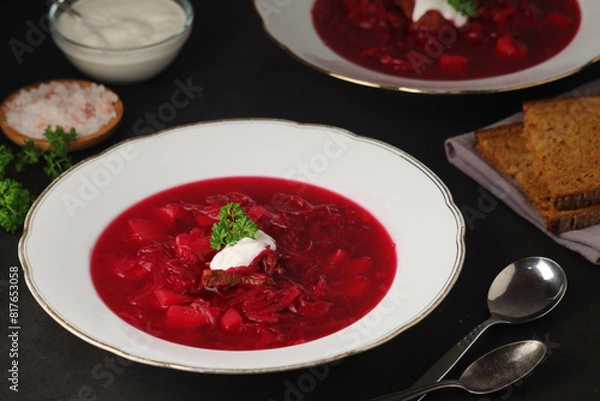 Fototapeta A plate with Ukrainian national dish - borsch	