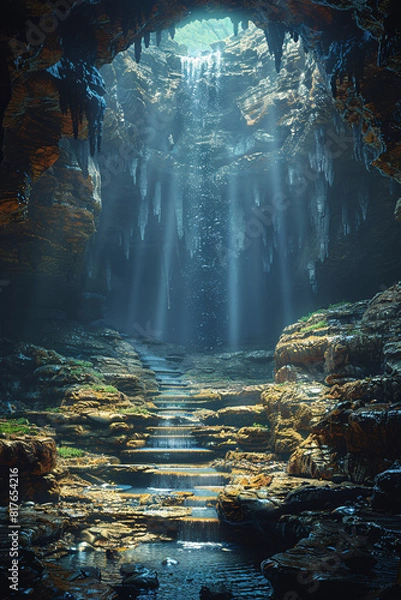 Obraz A mysterious cave entrance with rugged rock formations, dimly lit by natural sunlight filtering in from above, with a dark, deep interior