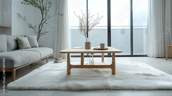 Fototapeta A thin white soft fur carpet is spread out in the living room with a minimalist design, Ai generated Images