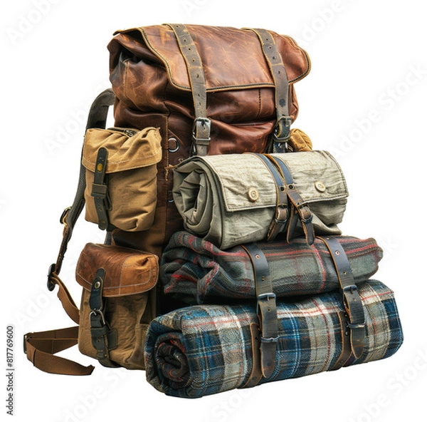 Fototapeta Vintage camping gear with leather backpack and blankets, cut out - stock png.