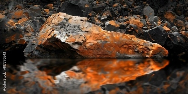 Fototapeta Energy of Volcanic Rock and Industrial Coal Against a Natural Black Background. Concept Geological Formations, Industrial Materials, Contrast in Nature, Black Background, Energy of Volcanic Rock