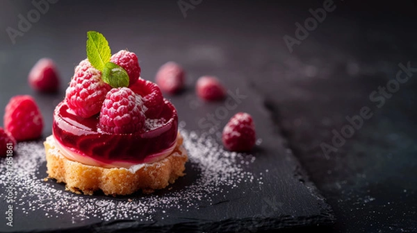 Fototapeta Decadent dessert raspberries cream. Dark background. Copy space