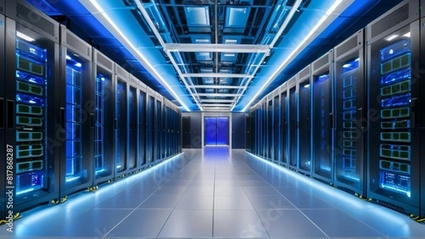 Obraz A parallel row of servers, adorned in electric blue, fills a technology-driven data center hallway with a symmetrical display of power