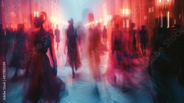 Fototapeta Dreamlike Fashion Runway with Ethereal Figures Gliding Against Soft Blurred Background