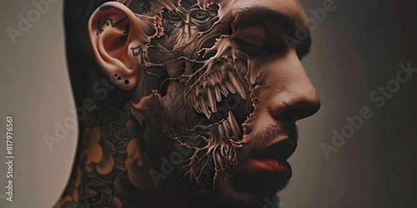 Fototapeta Overcome by Obsession: A man's visage is engulfed in a labyrinthine tattoo, conveying the depth of his all-consuming fixation.