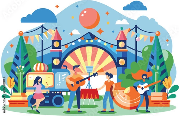 Fototapeta Flat illustration of retro music festival, vector illustration.