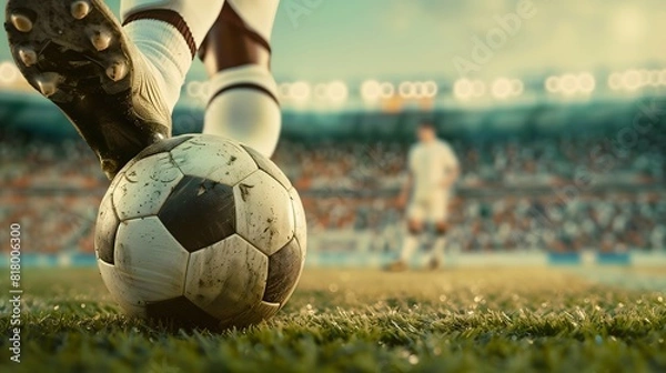 Fototapeta a close-up of a soccer ball with the player's foot poised on it.