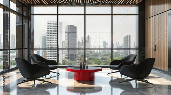 Fototapeta modern office lounge interior with black chairs and red table city view 3d rendering