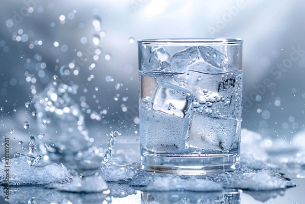 Fototapeta Glass of water with ice cubes and splashing water droplets. High-speed photography. Refreshment and hydration concept. Design for poster and advertisement. Close-up view