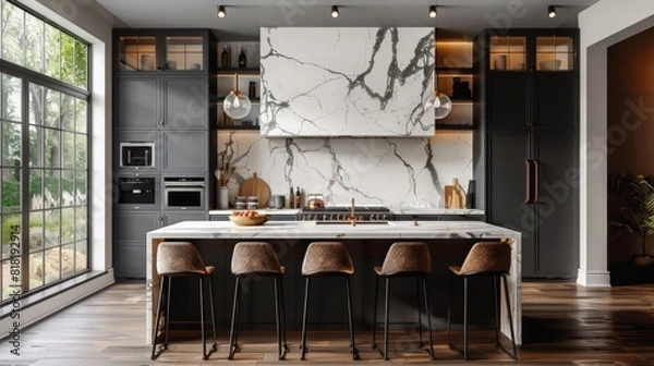 Fototapeta A spacious modern kitchen with a combination of dark and light cabinetry, marble countertops, and a large island