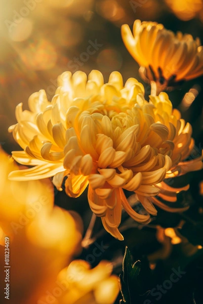 Fototapeta Golden Chrysanthemums Blooming Under Sunset Light