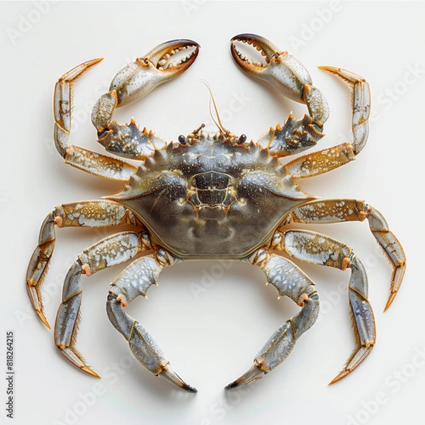 Fototapeta Close-up of a blue crab isolated on white background, showcasing its intricate details and vibrant colors.