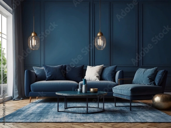 Fototapeta Photo sofa in a living room interior in modern style with blue and navy painted walls design, 3d render