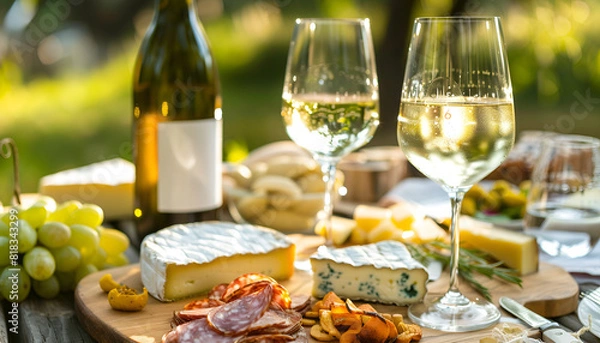 Fototapeta picnic with white wine served outside with cheese and charcuteri