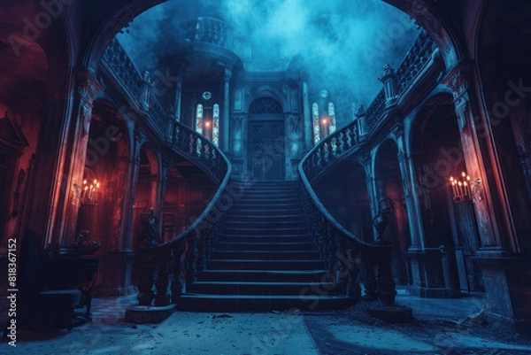 Fototapeta A grand staircase in a haunted mansion enveloped by blue mist and eerie lighting, creating a sense of foreboding and mystery.