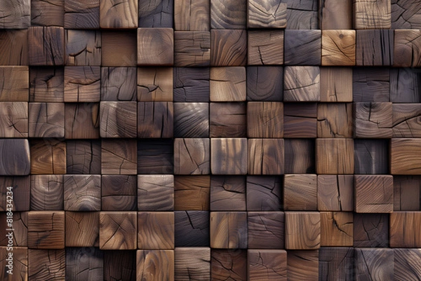 Fototapeta Natural wooden background. Wood blocks. Wall Paneling texture. Wooden squares tile wallpaper. 3D Rendering