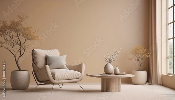 Fototapeta Beige contemporary minimalist interior with armchair, blank wall, coffee table and decor. 3d render illustration mockup