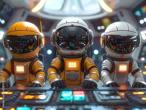 Fototapeta Futuristic Spaceman in Rocket Control Room Monitoring Spacecraft Systems