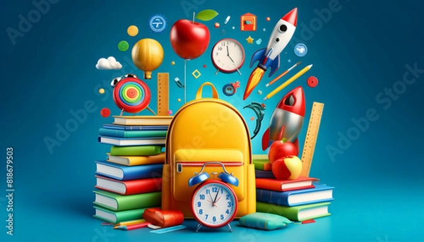 Fototapeta Study Time Essentials: Back-to-School Supplies for Focus, Back-to-School Inspiration: A Cheerful Still Life , Time Management Master! Organized Back-to-School Essentials