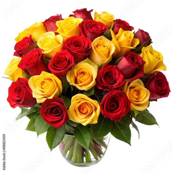 Fototapeta Beautiful Bouquet of Red, Yellow Roses in a Clear Glass Vase on a Transparent Background