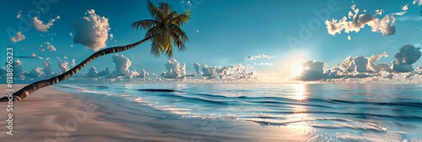 Fototapeta Tranquil Tropical Beach at Sunset, Soft Sands and Calm Waters Creating a Perfect Evening Ambiance