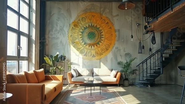 Fototapeta Apartment house in a modern loft style. Beautiful mandala pattern on the wall in the living room at home. Scandinavian Interior Design